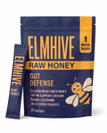 Elmhive Gut Defense Raw Honey Sachets, navy pouch of 25 sachets with one stick sachet