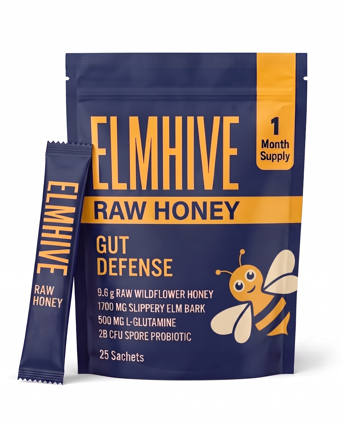 Elmhive Gut Defense Raw Honey Sachets, navy pouch of 25 sachets with one stick sachet